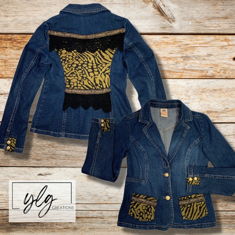 Elegant Boho Denim Jacket Black Lace Gold Chain Rockstar Y2K Goth Glam
